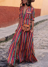 Load image into Gallery viewer, Fashion Rainbow Striped Button Tie Waist Maxi Shirts Dresses Summer