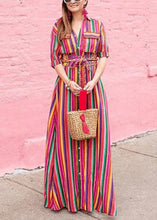 Load image into Gallery viewer, Fashion Rainbow Striped Button Tie Waist Maxi Shirts Dresses Summer