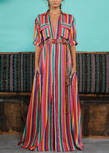 Load image into Gallery viewer, Fashion Rainbow Striped Button Tie Waist Maxi Shirts Dresses Summer