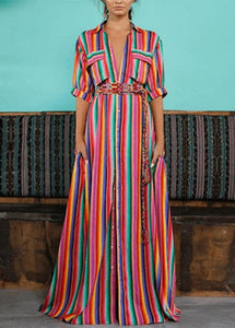 Fashion Rainbow Striped Button Tie Waist Maxi Shirts Dresses Summer