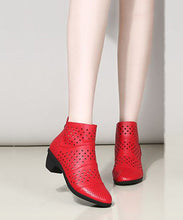 Load image into Gallery viewer, Fashion Red Chunky Cowhide Leather Hollow Out Splicing Boots