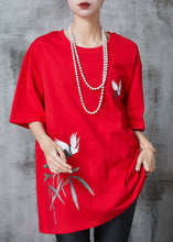 Load image into Gallery viewer, Fashion Red Oversized Red-crowned Crane Print Cotton Tops Summer