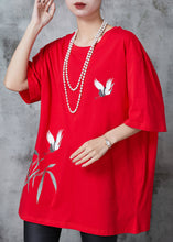 Load image into Gallery viewer, Fashion Red Oversized Red-crowned Crane Print Cotton Tops Summer