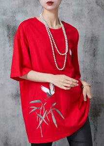 Fashion Red Oversized Red-crowned Crane Print Cotton Tops Summer