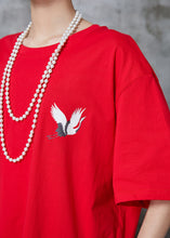 Load image into Gallery viewer, Fashion Red Oversized Red-crowned Crane Print Cotton Tops Summer