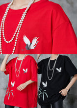 Load image into Gallery viewer, Fashion Red Oversized Red-crowned Crane Print Cotton Tops Summer