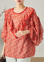 Load image into Gallery viewer, Fashion Red Ruffled Print Chiffon Blouse Top Butterfly Sleeve