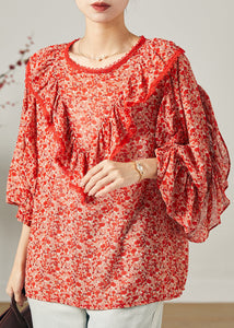 Fashion Red Ruffled Print Chiffon Blouse Top Butterfly Sleeve