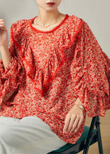 Load image into Gallery viewer, Fashion Red Ruffled Print Chiffon Blouse Top Butterfly Sleeve