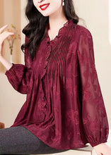 Load image into Gallery viewer, Fashion Red V Neck Ruffled Chiffon Shirt Long Sleeve