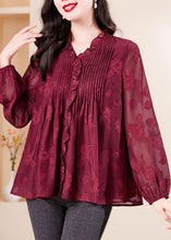 Load image into Gallery viewer, Fashion Red V Neck Ruffled Chiffon Shirt Long Sleeve