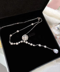 Fashion Silk Sterling Silver Zircon Rose Tassel Pendant Necklace