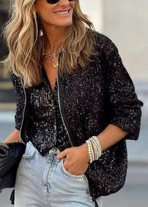 Fashion Silver Stand Collar Zip Up Sequins Jackets Fall