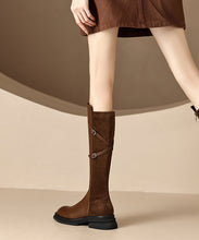 Load image into Gallery viewer, Fashion Splicing Chunky Long Boots Brown Cowhide Leather