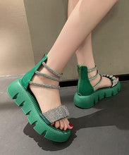 Load image into Gallery viewer, Fashion Splicing Zircon Platform Sandals Green Faux Leather