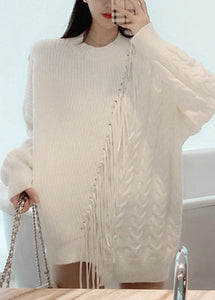 Fashion White Asymmetrical Patchwork Thick Cotton Knit Sweaters Spring