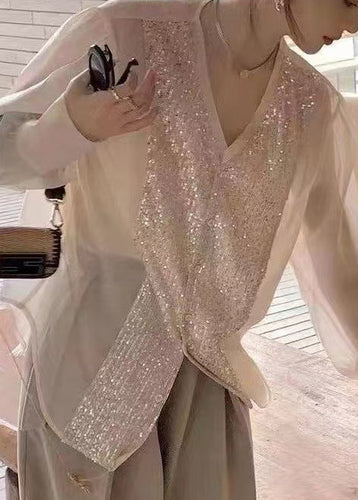 Fashion White V Neck Sequins Patchwork Silk Blouses Long Sleeve