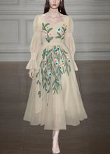 Load image into Gallery viewer, Fine Apricot Square Collar Embroidered Patchwork Tulle Dress Long Sleeve