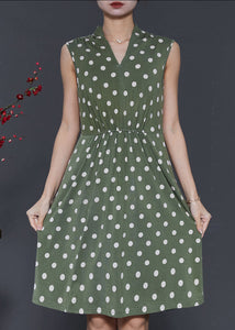 Fine Army Green V Neck Dot Cotton Mini Dress Sleeveless