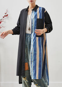 Fine Black Asymmetrical Striped Linen Shirt Dress Summer