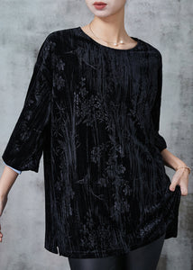 Fine Black Jacquard Patchwork Silk Velour Shirt Top Spring