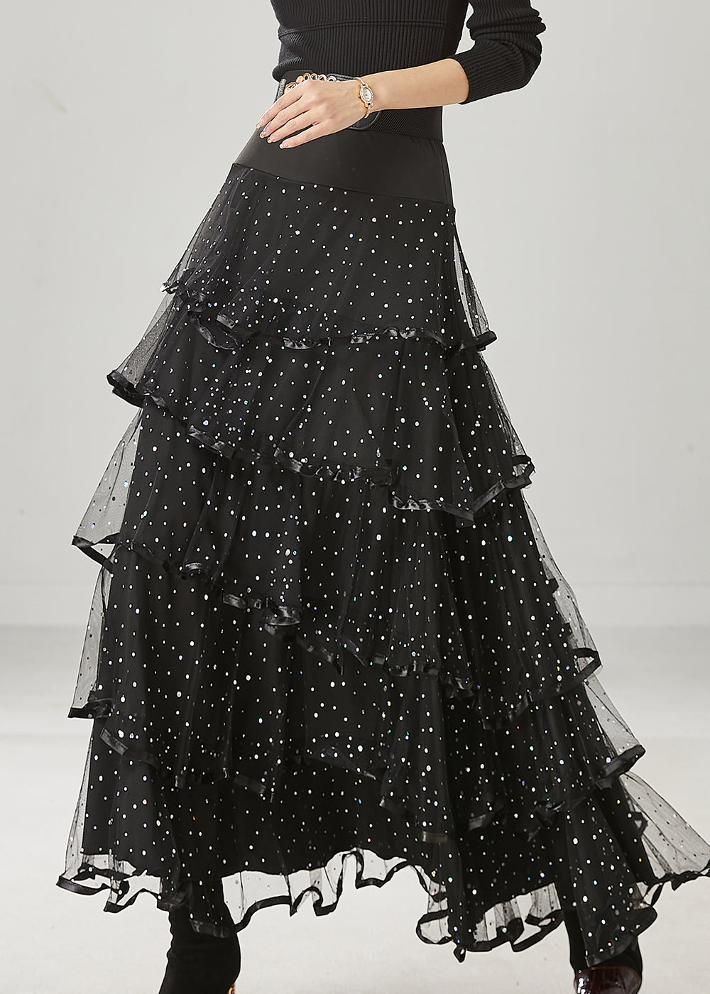 Fine Black Layered Ruffles Tulle Holiday Skirt Spring