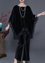 Load image into Gallery viewer, Fine Black Oversized Patchwork Lace Silk Velvet Two Pieces Set Spring