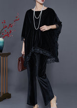 Load image into Gallery viewer, Fine Black Oversized Patchwork Lace Silk Velvet Two Pieces Set Spring