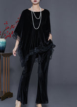 Load image into Gallery viewer, Fine Black Oversized Patchwork Lace Silk Velvet Two Pieces Set Spring