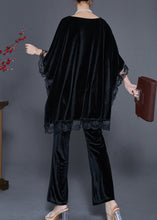 Load image into Gallery viewer, Fine Black Oversized Patchwork Lace Silk Velvet Two Pieces Set Spring