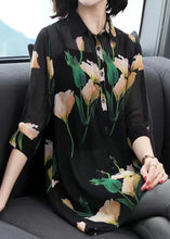 Load image into Gallery viewer, Fine Black Peter Pan Collar Print Patchwork Chiffon Shirt Top Summer