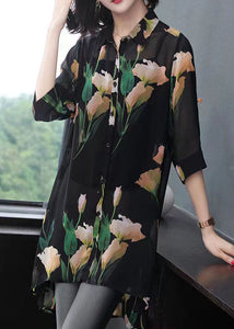 Fine Black Peter Pan Collar Print Patchwork Chiffon Shirt Top Summer