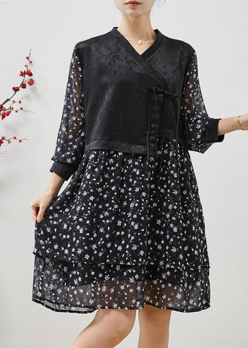 Fine Black Print Patchwork Chinese Button Chiffon Dress Summer