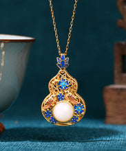 Load image into Gallery viewer, Fine Blue Ancient Gold Jade Enamel Lotus Flower Gourd Pendant Necklace