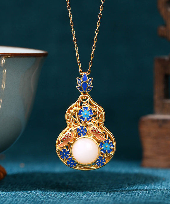 Fine Blue Ancient Gold Jade Enamel Lotus Flower Gourd Pendant Necklace