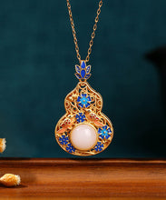 Load image into Gallery viewer, Fine Blue Ancient Gold Jade Enamel Lotus Flower Gourd Pendant Necklace