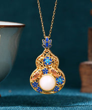 Load image into Gallery viewer, Fine Blue Ancient Gold Jade Enamel Lotus Flower Gourd Pendant Necklace