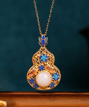 Load image into Gallery viewer, Fine Blue Ancient Gold Jade Enamel Lotus Flower Gourd Pendant Necklace