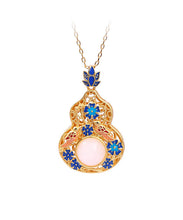 Load image into Gallery viewer, Fine Blue Ancient Gold Jade Enamel Lotus Flower Gourd Pendant Necklace