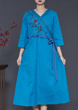 Load image into Gallery viewer, Fine Blue Embroidered Ruffled Linen Dress Summer