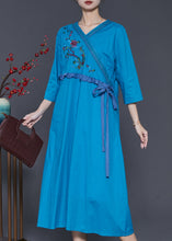 Load image into Gallery viewer, Fine Blue Embroidered Ruffled Linen Dress Summer