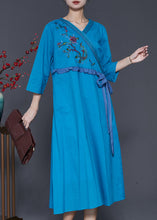 Load image into Gallery viewer, Fine Blue Embroidered Ruffled Linen Dress Summer