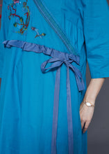 Load image into Gallery viewer, Fine Blue Embroidered Ruffled Linen Dress Summer