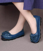 Load image into Gallery viewer, Fine Blue Flower Splicing Cowhide Leather Flat Shoes