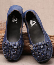 Load image into Gallery viewer, Fine Blue Flower Splicing Cowhide Leather Flat Shoes