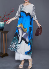 Load image into Gallery viewer, Fine Blue Oversized Print Silk Maxi Dresses Half Sleeve