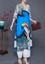 Load image into Gallery viewer, Fine Blue Oversized Print Silk Maxi Dresses Half Sleeve