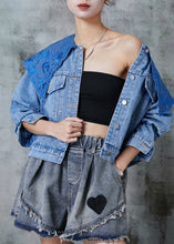 Load image into Gallery viewer, Fine Blue Peter Pan Collar Embroidered Denim Short Jackets Spring