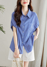 Load image into Gallery viewer, Fine Blue Peter Pan Collar Striped Button Patchwork Cotton Shirt Summer