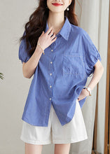 Load image into Gallery viewer, Fine Blue Peter Pan Collar Striped Button Patchwork Cotton Shirt Summer